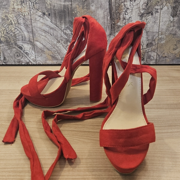 Allegra K Women's Open Toe Soft Lace Up Platform Block Heel Sandals red 6 US - Picture 2 of 6